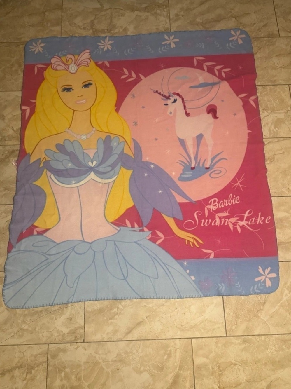 Vintage Barbie of Swan Lake Fleece Throw Blanket Pink & Blue